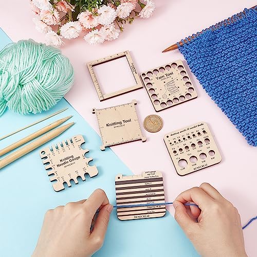 BENECREAT 6 Styles Wood Knitting Gauge Rulers, Crochet Hook and Yarn Wrap Per Inch Guide Knitting Tool for Spinners Yarn Measuring Crochet Accessories