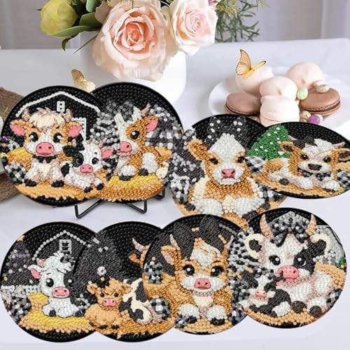 Diamond Art Coasters Kit,8 Pcs Highland Cow Diamond Painting Coasters Kit