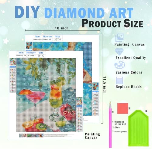 XUNLURY Summer Cocktail Diamond Art Kits 2 Pcs, Colorful Fruit Cocktail Party Diamond Painting Kits for Adults Beginners, Full Drill Diamonds Dots for Home Decor, 9.8x11.8 Inch