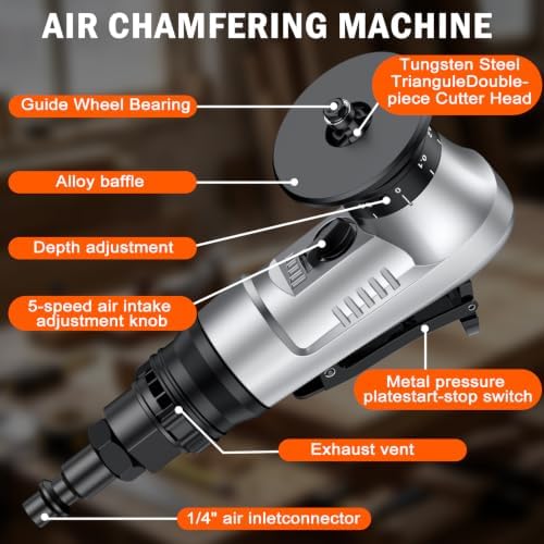 Pneumatic Chamfer Tool, 45 degree tile chamfering tool with 8 C-Angle & 6 R-Angle Blades & 6 durable bearings, Upgrade, Mini Air Chamfer Tool with 1/4 Inch Air Inlet for Metal and Wood-Silver