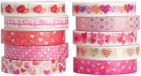 YUBBAEX 10 Rolls Sparkling Washi Tape Set 8mm Skinny Gold Foil Decorative Masking Washi Tapes for Journal,Scrapbook, Planner, DIY Crafts (Sweety Hearts)