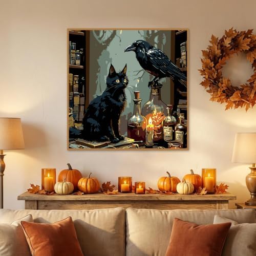 Halloween Paint by Numbers Kit for Adults-Cat & Crow, Oil Painting 10x10In