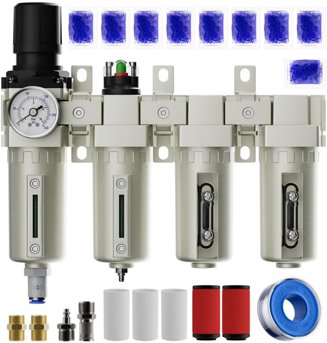 1/2" NPT 4 Stage Air Drying System for Air Compressor, Industrial Grade Oil Water Separator with 0-240 PSI Air Pressure Regulator, Coalescing Filter, Auto Drain, for Plasma Cutter & Painting