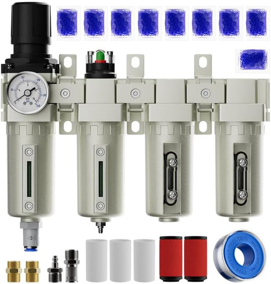 1/2" NPT 4 Stage Air Drying System for Air Compressor, Industrial Grade Oil Water Separator with 0-240 PSI Air Pressure Regulator, Coalescing Filter, Auto Drain, for Plasma Cutter & Painting