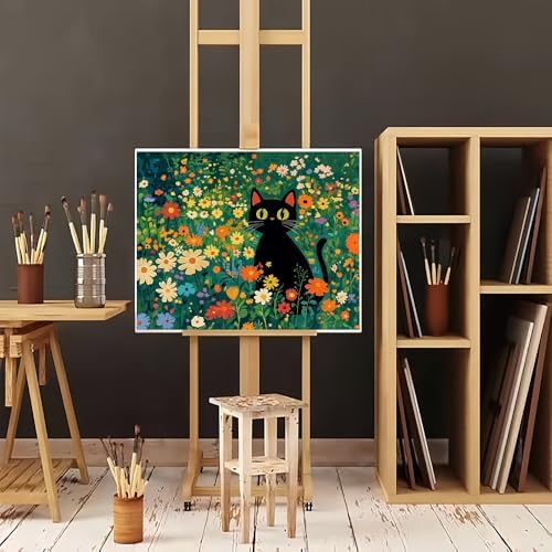 Natuyalo Paint by Numbers for Adults Beginner, Black Cat Flowers Paint by Number Kits on Canvas Without Frame, Animals Easy Acrylic Painting for Home Wall Decor 16x20 Inch