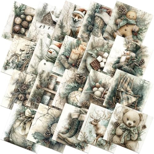HunnmingRe 20 Pcs 10''x10'' Vintage Green Christmas Quilting Fabric Square Bundle Snowman Precuts Quiltted Fabric Gingerbread Reindeer Printed Patchwork Supplies for Winter Patchwork DIY Sewing Craft