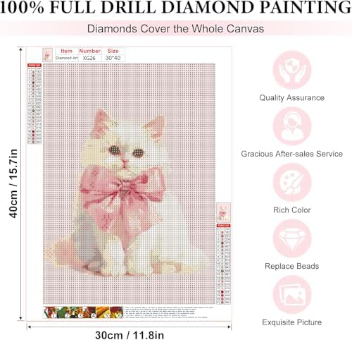 CraftBliss 5D Diamond Painting Kits for Adults, Cute White Kitty with Pink Bow, Kawaii Cat Diamond Art Kit, Pastel Gem Art for Girls Bedroom Wall Decor, Gift for Cat Lovers, 12x16 inch (30x40cm)
