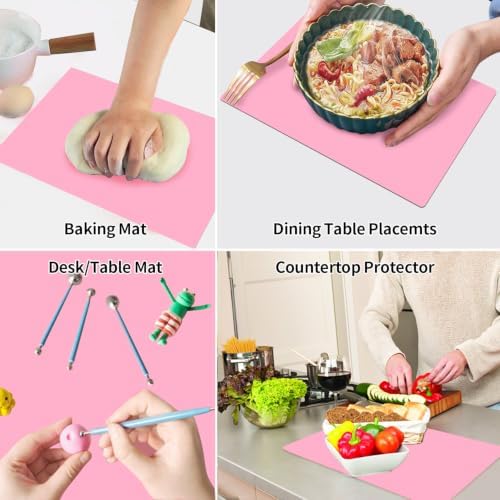 Silicone Mat for Crafts Kids Dinner Placemat Desk Countertop Protector Heat Resistant Baking Mat Reusable Dough Rolling Pad Fondant Mat, Pink Silicone Table Mat, (15.7 x 11.8 inches)