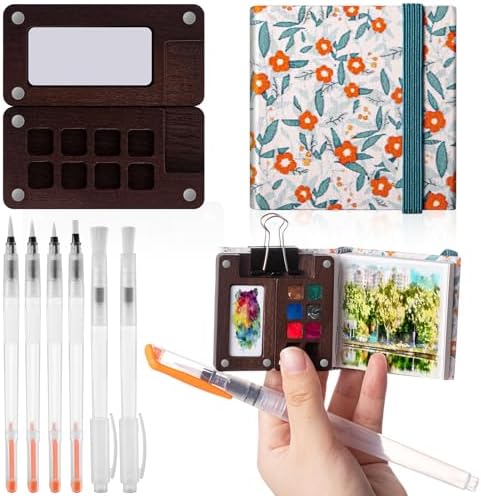 Qilery Mini Portable Watercolor Palette Set Wooden Grid Paint Box Watercolor Paper Sketch Book Brush Pens with Binder Clip for Painters Artist Not Include Paint(Blue Flowers)