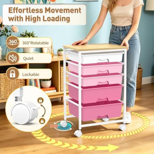 SUNALLY Rolling Carts With 5 Drawers, Storage Drawer Carts for Craft, Pink | Rolling Utility Cart with Wooden Tabletop & 2 Lockable Wheels, Teacher Storage Cart for Classroom School, Makeup, Nail, Art