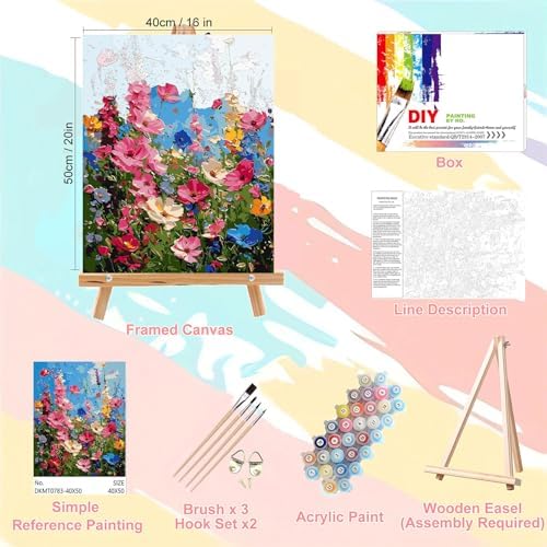 Flower Paint by Numbers for Adults with Framed Canvas - with Wooden Easel
