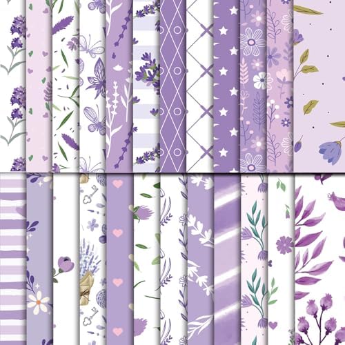 48 Sheets Lavender Scrapbook Paper,Lavender Pattern Decorative Scrapbook Paper for Journals DIY Cards and Photo Albums,Aesthetic Craft Supplies