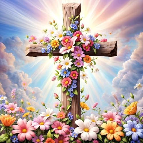 EIBEILI Christian Cross Paint by Numbers Kit for Adults Beginner,Flower Adult Paint by Number Kits on Canvas,Easy Canvas Paint by Numbers for Adults for Home Wall Decoration 14 X 14 inch