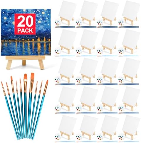 20 Pack 5.9In Canvas Boards for Painting, Art Canvas for Drawing with 10 Brushes & 5 Paint Trays, Mini Painting Canvas with Easel Set, Painting Kits for Adults Party