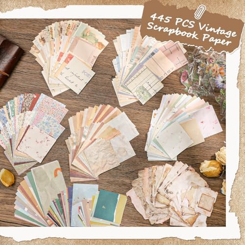 445 Pcs Vintage Scrapbook Paper with Floral Stickers for Junk Journal | Delicate Decorative Craft Paper Multi-Size Scrapbook Paper for Journaling Supplies, DIY Collage Art, Vintage Crafts