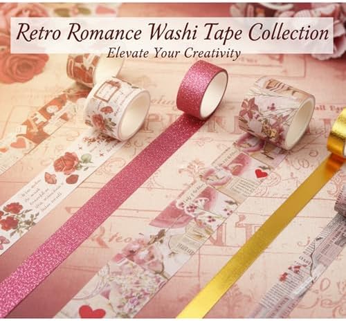 Washi Tape Set, 24 Rolls Red Vintage floral Journaling Supplies,for Christmas Valentine's Day Journaling Supplies Journal Scrapbook Tape, Bullet Journaling Scrapbooking Supplies, DIY Art Decorative