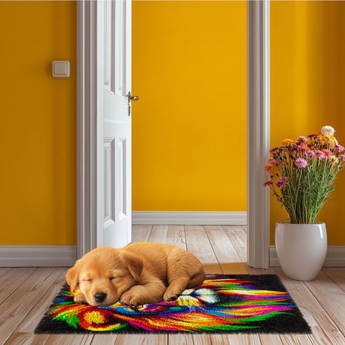 Latch Hook Rug Kit Colorful Lion Face Pre-Printed Handmade Carpet Crochet Yarn Craft DIY Hook and Latch Door Mat Tapestry for Home Floor Decoration 52x38cm-7