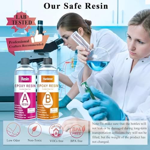 Epoxy Resin, 32OZ Epoxy Resin Crystal Clear, Not-Yellowing No-Bubble, Self Leveling Easy Pour/Mix 1:1 Casting Kit & Coating for DIY Jewelry Making, Art Resina Clear Crafts, Molds, River Tables