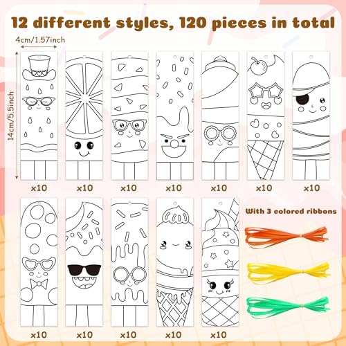 120Pcs Ice Cream Color Your Own Bookmarks - Summer Ice Cream Popsicle DIY Coloring Blank Bookmarks for School Classroom Rewards Reading Activity Gifts Crafts Birthday Party Favors Supplies