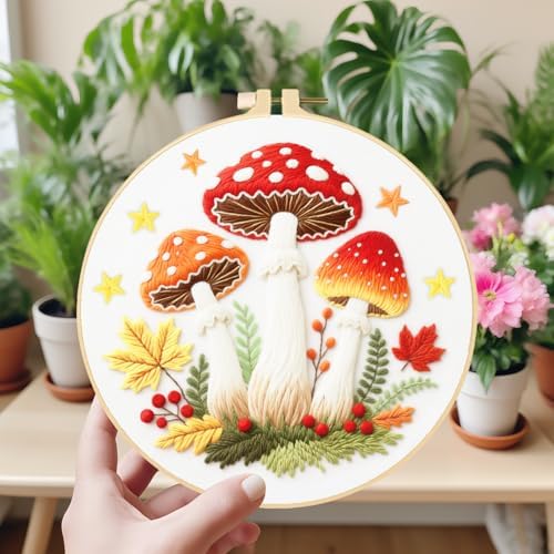 ORIGACH 5 Pack Mushroom & Plants Embroidery Kits for Beginners DIY Starter Hand Embroidery Kit with Floral and Plants Patterns and Instructions for Adults Women Crafting