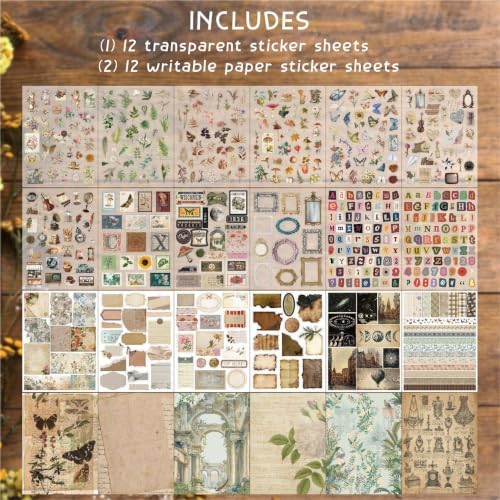 Scrapbook Supplies Kit, 24 Sheets 500+ Scrapbook Craft Paper & Vintage Stickers All-in-One Junk Journaling Set(Vintage)