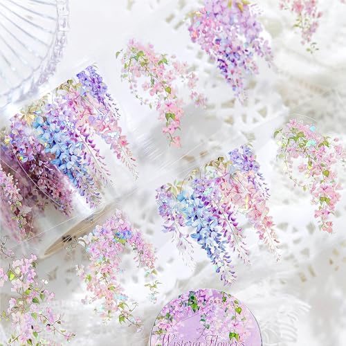 1Roll Spring Floral Washi Tape Vine Glitter Stickers for Scrapbooking, Transparent PET Washi Tapes for Journaling Junk Journal Supplies Flower Scrapbook Tape Decorative Stickers Scrap Booking Supples