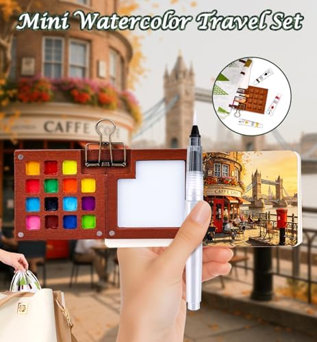 24 Colors Mini Watercolor Paint Set Portable Artist Travel Kit with Walnut Wood Palette 15 Grid Paint Wells Storage Pouch Metal Clip Sketchbook 5 Watercolor Brushes Pocket Palette Set