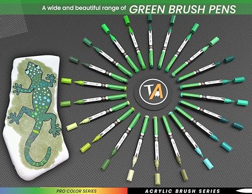 TOOLI-ART 22 Flexible Brush Tip Acrylic Paint Pens Markers Set 1-7mm Line for Rock Painting, Glass, Mugs, Wood, Metal, Canvas, Plastic. Non Toxic Waterbased Quick Drying Assorted Green