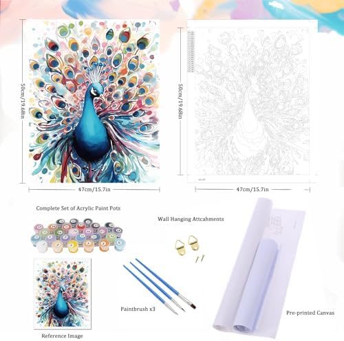 Natuyalo Paint by Numbers for Adults - DIY Adult Paint by Number Kits Painting on Canvas Colorful Peacock Painting by Numbers for Beginners, Animal Art Craft Kits for Adults (16x20 Inch)