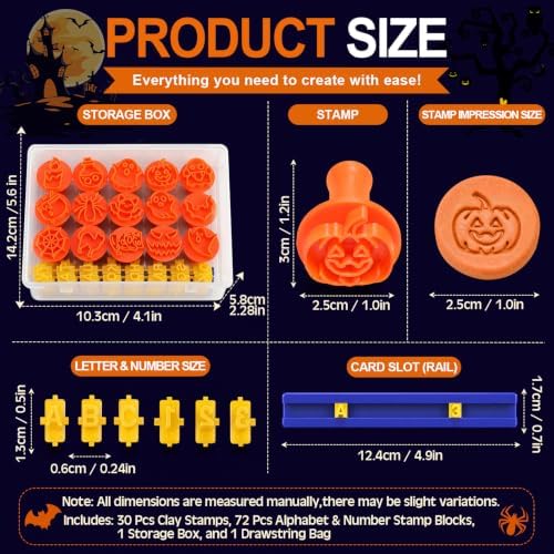 30 Pcs Halloween Pattern Clay Modeling Stamp Set with 72-Character Letter Stamps and Storage Box, Halloween Pattern Stamps for Polymer/Ceramic Clay, Pottery Craft, Cookie and Jewelry Making