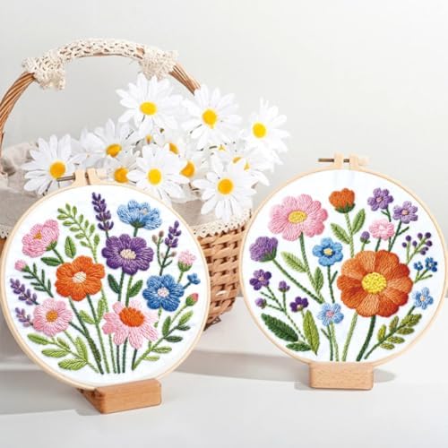 ORIGACH 4 Pack Easy Flower Embroidery Kits for Beginners DIY Starter Hand Embroidery Kit with Floral & Plants Patterns and Instructions for Adults Women Crafting