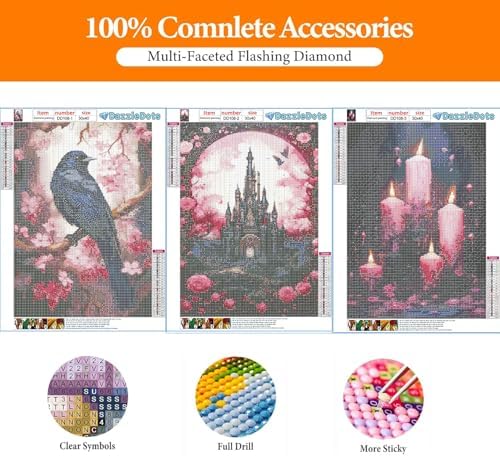 DAZZLEDOTS Diamond Art Kits for Adults, 3 Pack Pink Diamond Painting Kits for Beginner DIY Crow Castle and Candle 5D Full Drill Diamond Dots Crafts for Home Wall Decor Gifts 12x16 Inch