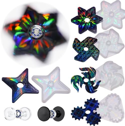 NiArt Fidget Spinner Epoxy Resin Molds Set, 5 Holographic Silicone DIY Kit | Rainbow Texture, 15 Bearings & Caps, Storage Box For Casting Craft Projects, Stress Relief Toys