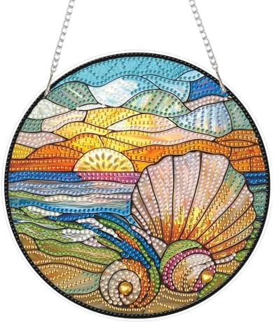 CRZMODE Stained Glass Shell Diamond Art Hanging Kit for Adults, Shell Pendant Diamonds Painting Art Kit, Special Crystal Diamond Art Painting Pendant Ornament, Craft Gift for Women Home Window Decor