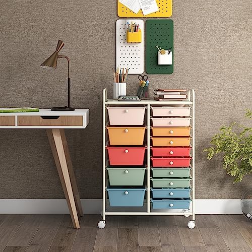 GOFLAME 15-Drawer Rolling Storage Cart, Craft Storage Cart with Removable Drawers & Lockable Wheels, Art Cart Supply Storage Organizer for Home Office Classroom, Macaron Color