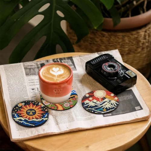CRZMODE 8 Pcs Landscape Abstract Diamond Art Coasters Kits, Diamond Painting Coasters with Holder Set of 8, DIY Abstract Art Crafts Supplies for Adults Cup Mat House Warming Gifts Non-Slip