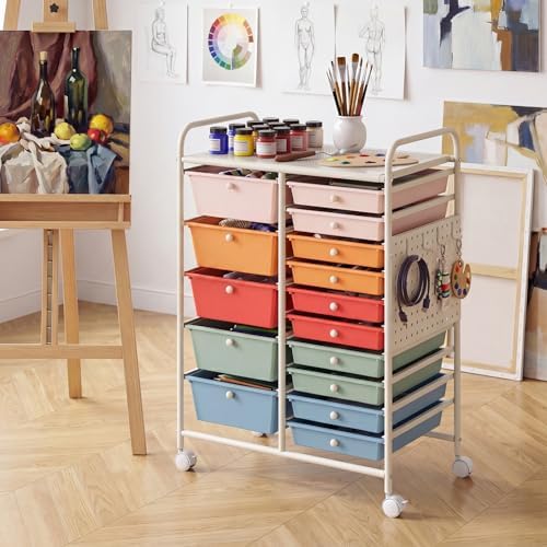 GOFLAME 15-Drawer Rolling Storage Cart with Pegboard, Craft Storage Cart with Lockable Wheels and Metal Frame, Art Cart Supply Storage Organizer for Home Office Classroom, Macaron Color