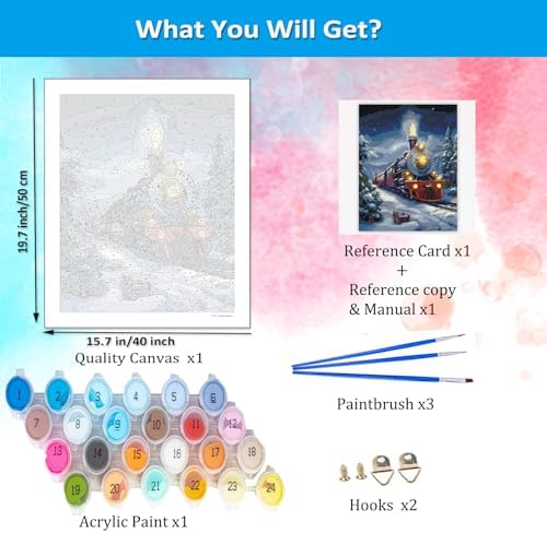 Artunion ChristmasTrain Paint by Numbers Kit for Adults,Snowy Landscape Paint by Number Kits, DIY Oil Painting Paint by Number Kits on Canvas Arts Craft for Home Wall Decor 16x20 Inch