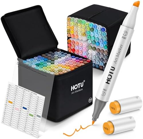 HOTU 100 Colors Alcohol Markers Fine Tip, Dual Tips 79 Vibrant Colors+20 Skin Tone Colors+1 Colorless Blender, Art Markers for Adult Coloring book, Illustration, Non-Bleeding Pad-CPC Certificated | 80 Colors+20 Skin Tone Colors, Art Markers for Artists...