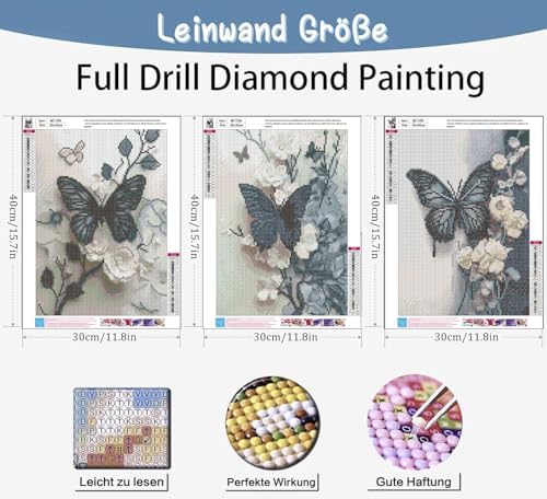 Benjenes 3PCS Butterfly Diamond Art Kits for Adults, Diamond Painting Kits
