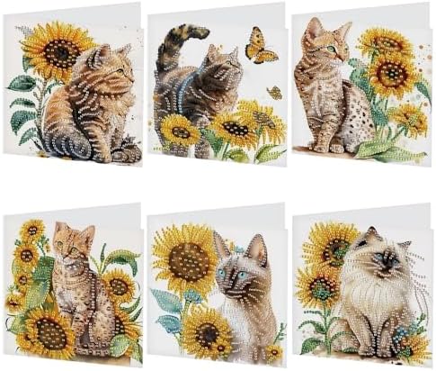 AiYuanzsh 6-Pack 5D Diamond Painting Greeting Cards with Envelopes, Cat Sunflower Pattern DIY Crystal Rhinestone Diamond Art Cards, Laser Effect Postcards for Birthday, Thank You, and Gift Giving
