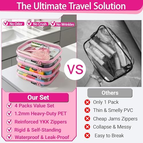 YQBRAO Clear Hard Shell Zipper Cases, 4 Medium Makeup Organizers, Pink