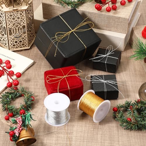 4 Spools 1837 Feet Metallic Thread, 0.2 mm Ornament String Christmas Cording Gold String Silver Craft Strings Tinsel Ribbon Bracelet Strings for Jewelry Making Gift Wrap Craft Making (Gold, Silver)