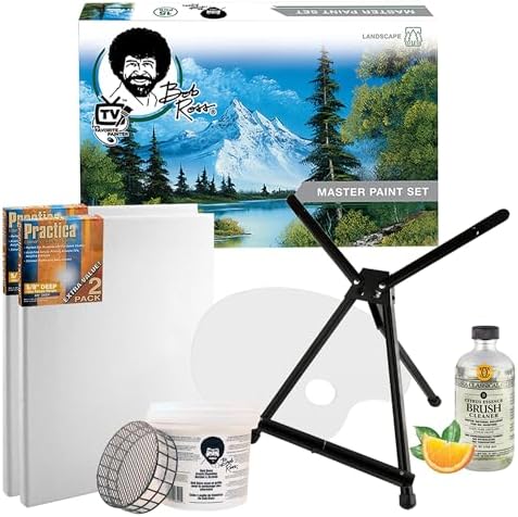 Jerry's Artarama Exclusive Set of 6 Bob Ross Oil Painting Set with Easel, 16oz Lavender Brush Cleaner, Acrylic Palette, Brushes, Canvases, and Cleaning Bucket and Screen