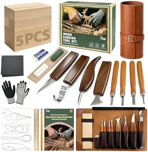 T98 28Pcs Wood Carving Kit, 8 Carving Knives Templates Leather Bag Gift