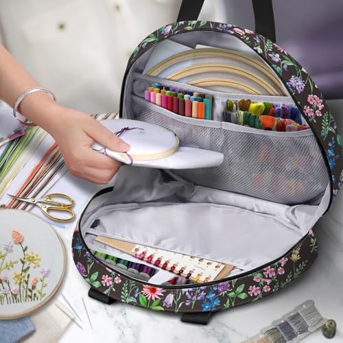 FINPAC Embroidery Project Bag, Embroidery Supplies Storage Carrying Tote Case with Multiple Pockets for Floss, Hoops, Thread, Stitch Tools Kit [Bag Only] (Black Floral)