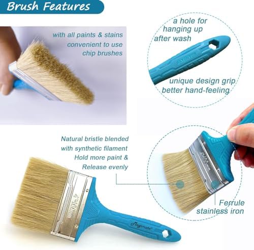 Magimate Stain Brush 4-inch Chip Brush Wide Flat Bristle Paint Brush for Painting Walls, Cabinets, House Touch-ups and dust Cleaning Teal