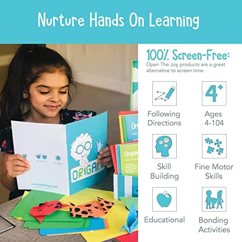 Open The Joy Origami Kit for Kids - 150 Double Sided Multi Colored Origami Paper Set - Easy to Hard Level Origami Projects - 32 Page Origami Book for Kids, Table Top Game Box and Beginners.