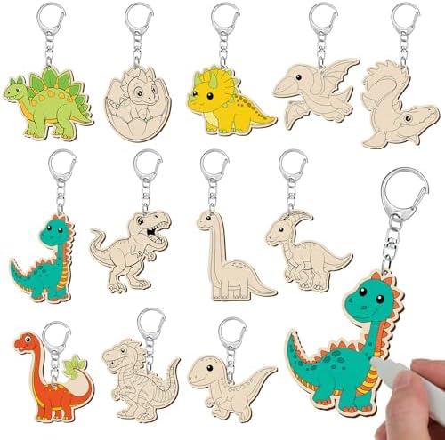 Trnayi 36 Pcs Dinosaur Unfinished Wood Keychain DIY Craft | Dinosaur Wooden Keychain, Color Your Own Unfinished Craft, Blank Wood Painting DIY Craft, for Birthday Home Handcraft Project
