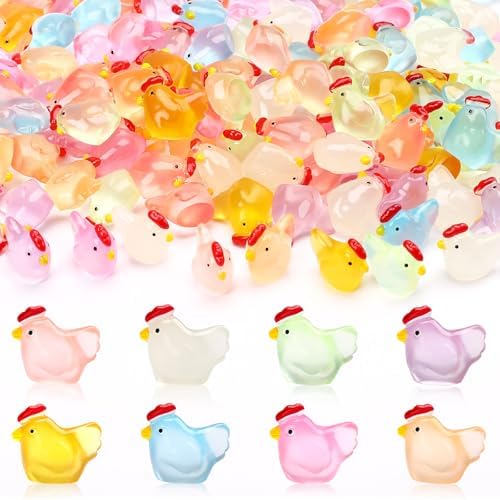 JUNEBRUSHS 50 Pcs Mini Chickens Tiny Resin Chicken Luminous Hen Figurines Glow in The Dark Chicken Ornament for Crafts Home Garden Table Decor